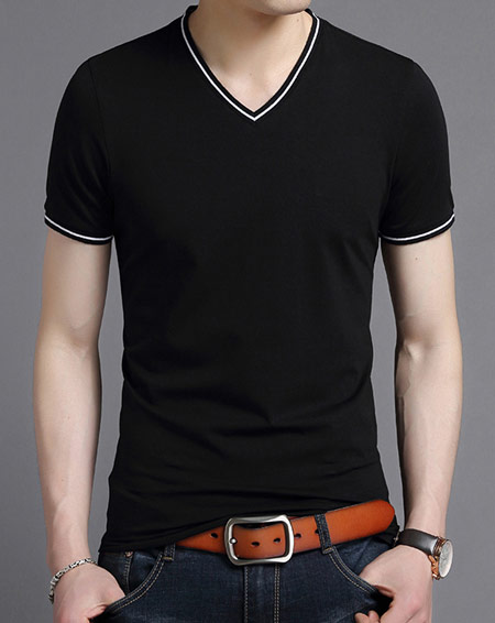 純黑色V領T恤衫定制模特氣質效果圖