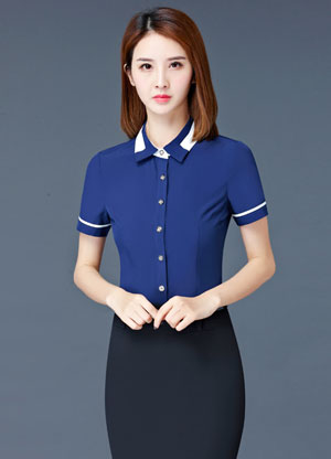 藍色嵌邊款女襯衫定制款式
