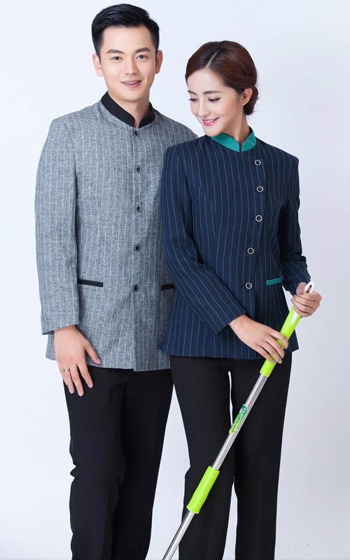 藍(lán)色條紋保潔員工作服定做款式展示圖